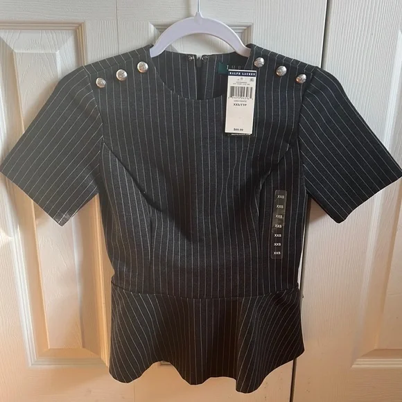 LAUREN (RALPH LAUREN) GREY PIN-STRIPED PEPLUM TOP - Picture 2 of 6